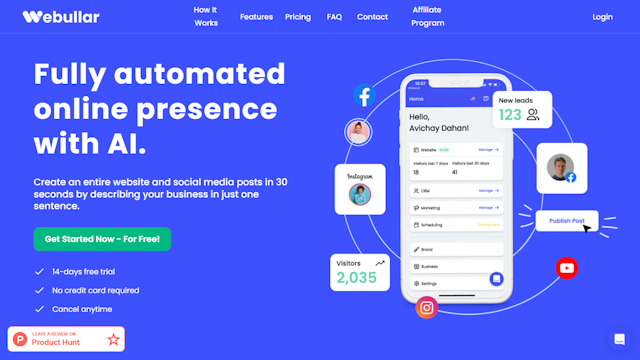 Webullar Ai tool for fully automated online presence.