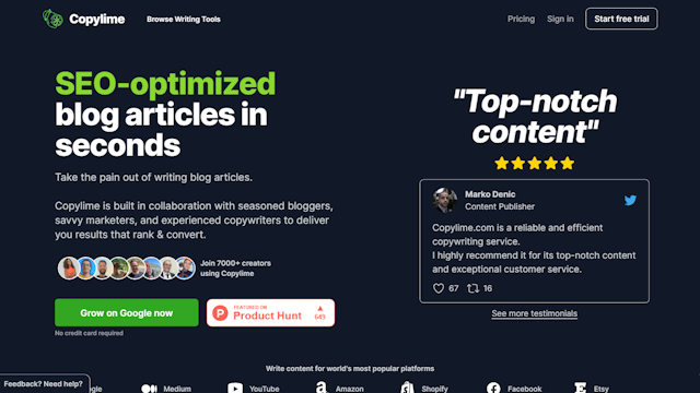 Copylime Ai tool for seo optimized blog articles in seconds